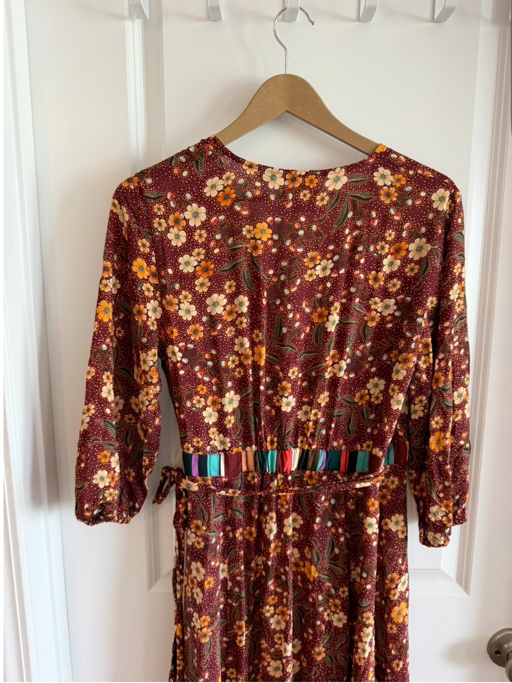 FARM Rio Burgundy Floral Maxi Wrap Dress with Multicolor Striped Trim - Picture 8 of 16
